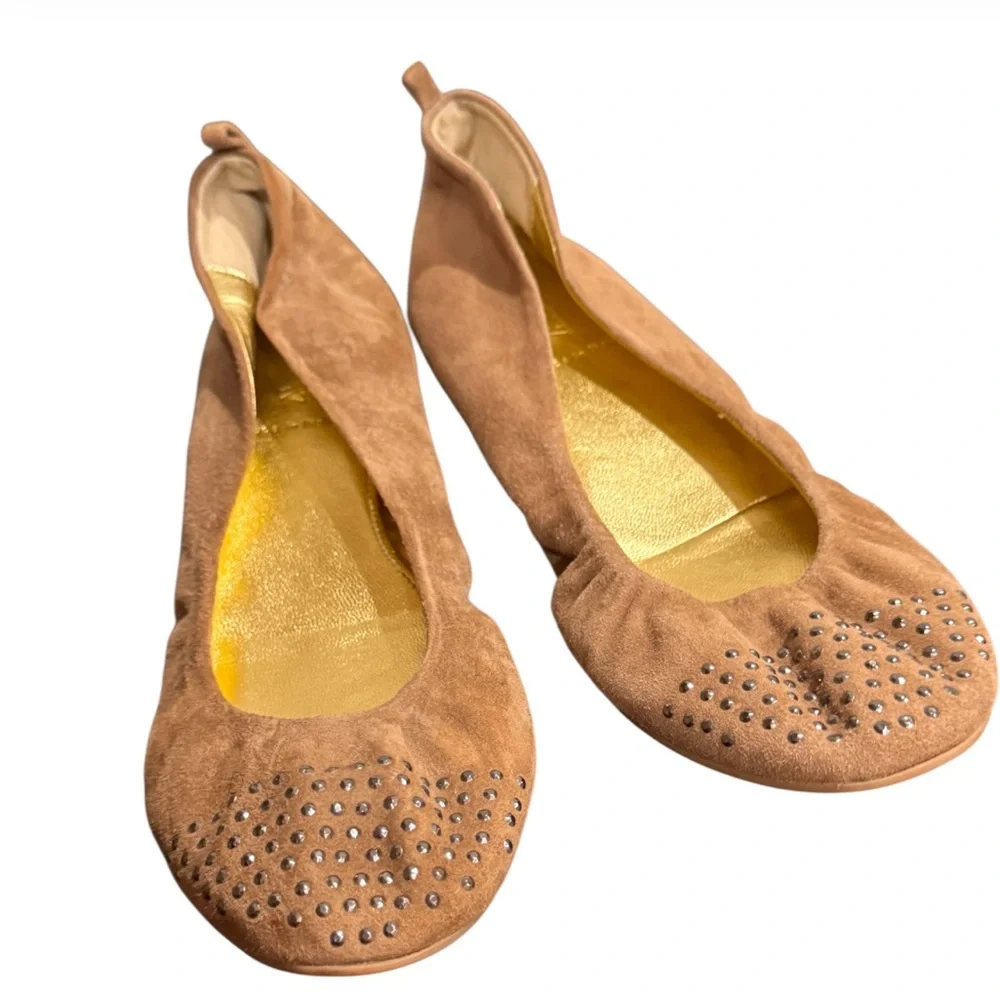 J. Crew Tan Suede Studded Flats 8.5 made in Italy